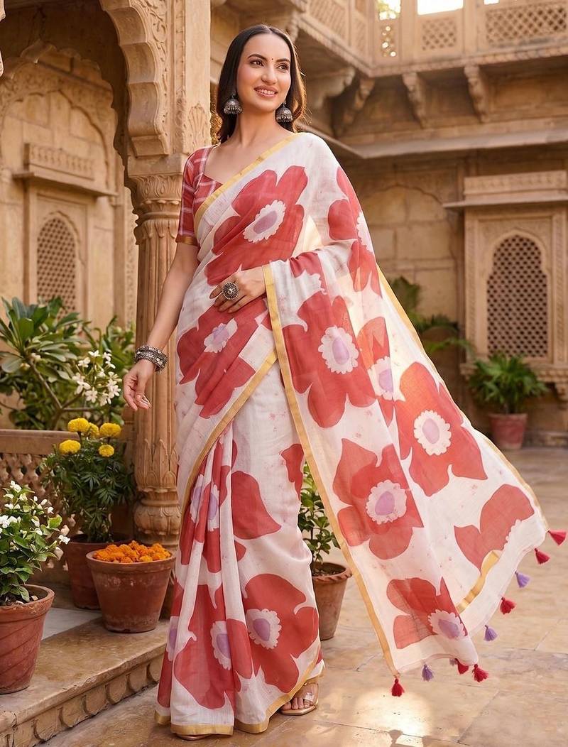 Off white linen printed saree with blouse