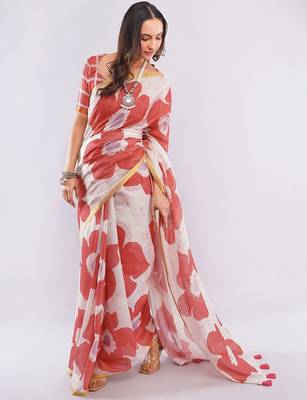 Off white linen printed saree with blouse 2