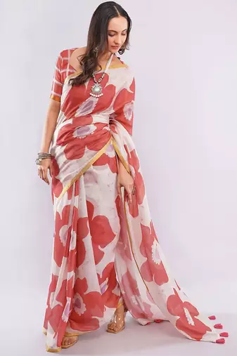 Off white linen printed saree with blouse
