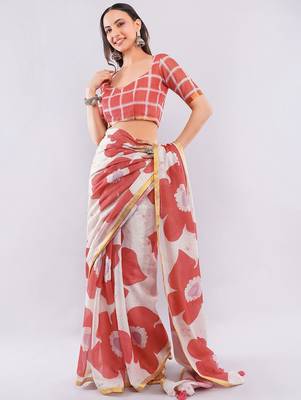 Off white linen printed saree with blouse 3