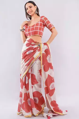 Off white linen printed saree with blouse