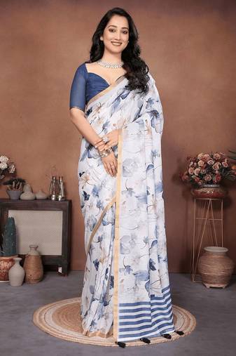 Off white linen printed saree with blouse
