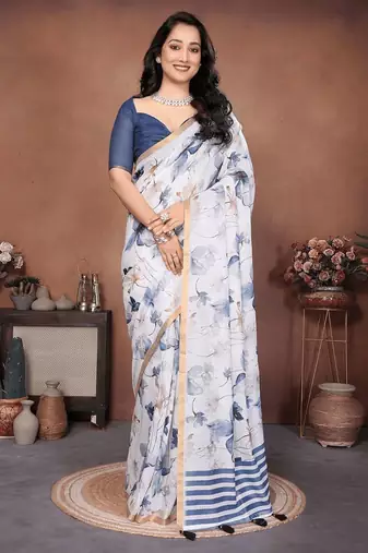 Off white linen printed saree with blouse