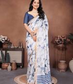 Off white linen printed saree with blouse