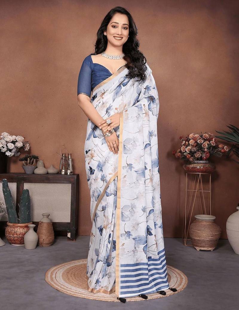 Off white linen printed saree with blouse