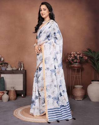 Off white linen printed saree with blouse 2