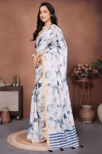 Off white linen printed saree with blouse