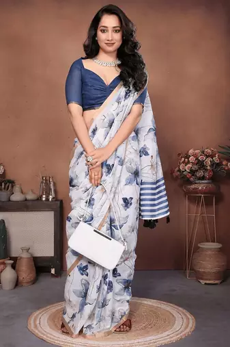 Off white linen printed saree with blouse