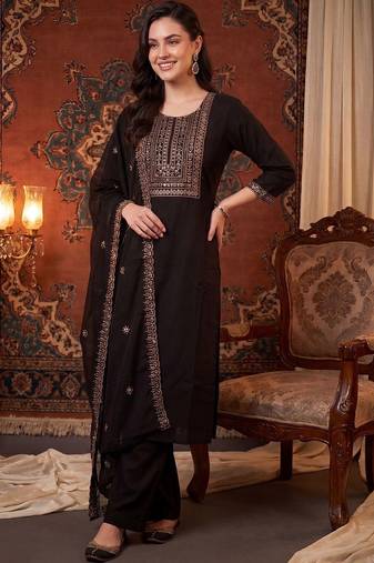 Women Ethnic Motifs Embroidered Regular Kurta with Palazzos & With Dupatta