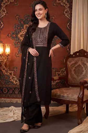 Women Ethnic Motifs Embroidered Regular Kurta with Palazzos & With Dupatta