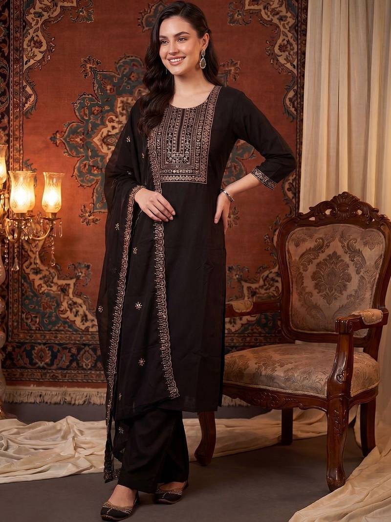 Women Ethnic Motifs Embroidered Regular Kurta with Palazzos & With Dupatta