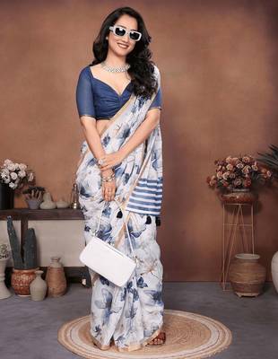 Off white linen printed saree with blouse 4