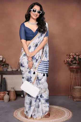 Off white linen printed saree with blouse