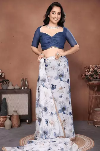 Off white linen printed saree with blouse