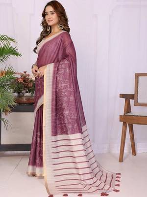 Violet linen striped saree with blouse 1