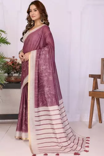 Violet linen striped saree with blouse