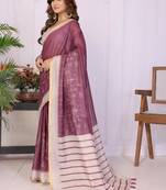 Violet linen striped saree with blouse