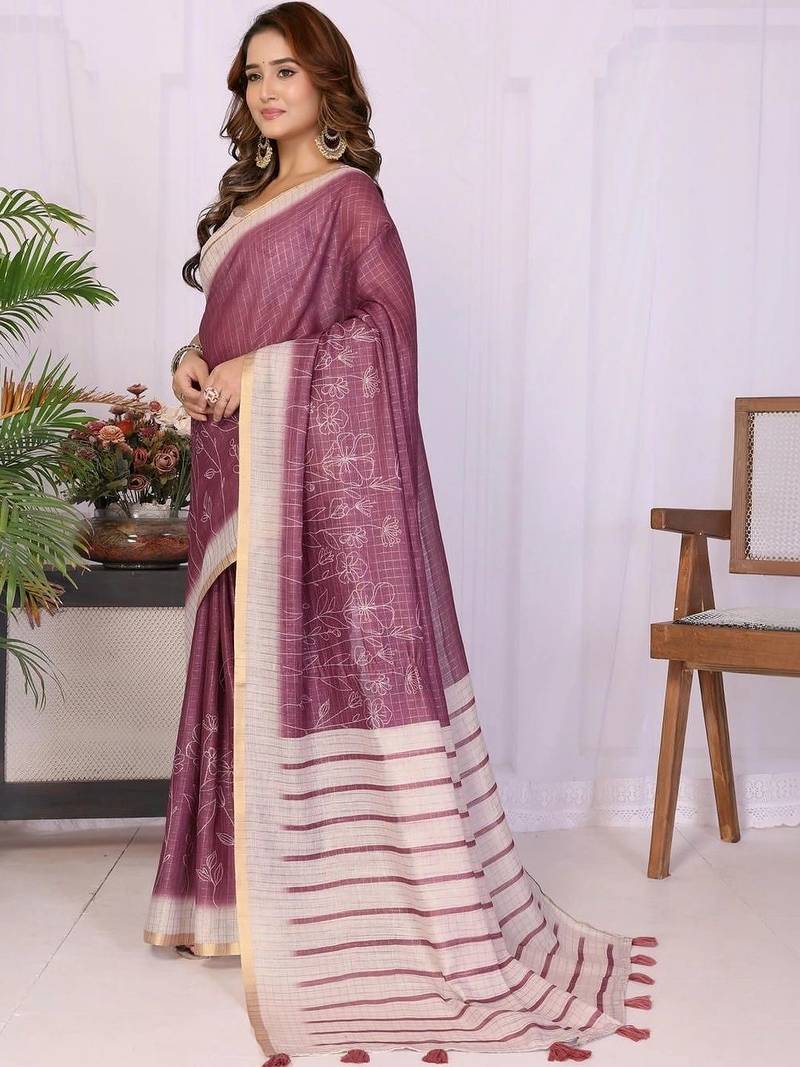 Violet linen striped saree with blouse