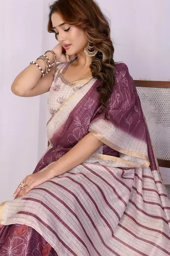 Violet linen striped saree with blouse