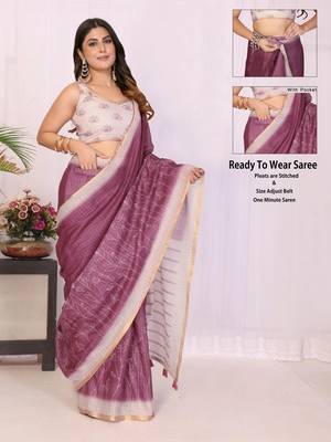 Violet linen striped saree with blouse 5