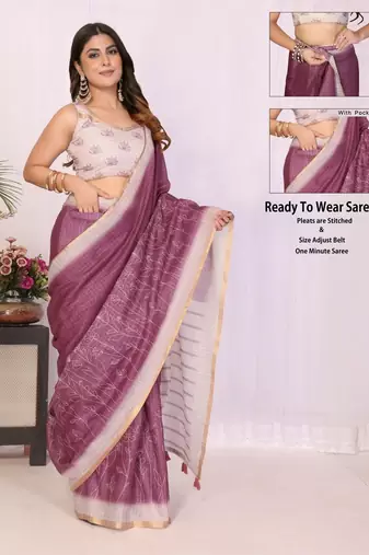 Violet linen striped saree with blouse