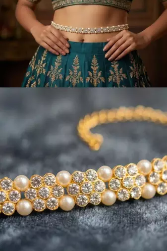 white kamarpatta (waist belt)   kundan & agate stone   gold plated