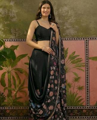 Black linen printed saree with blouse 1