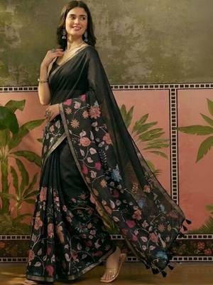Black linen printed saree with blouse 2