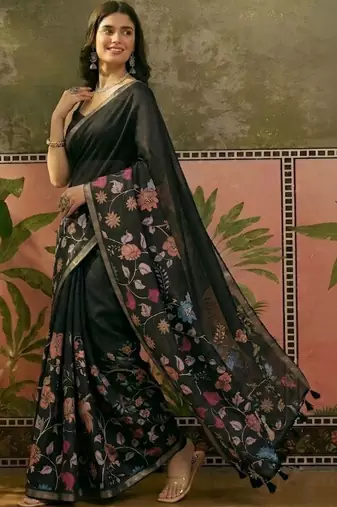 Black linen printed saree with blouse