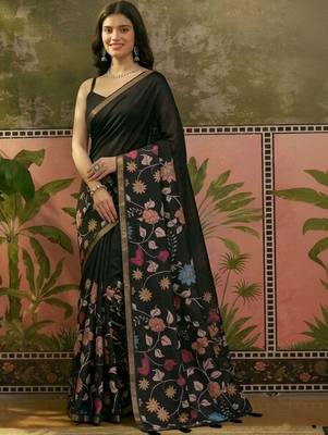 Black linen printed saree with blouse 3