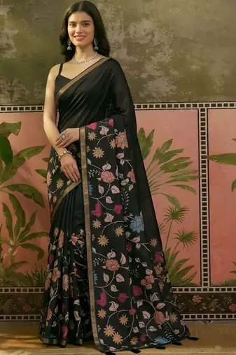 Black linen printed saree with blouse