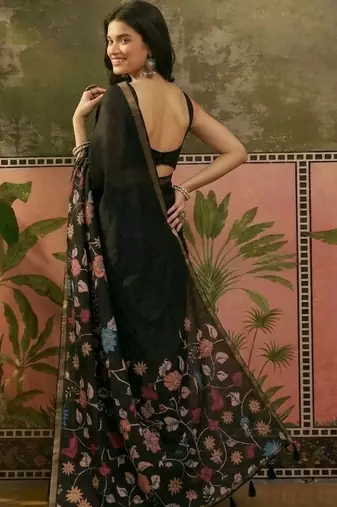 Black linen printed saree with blouse