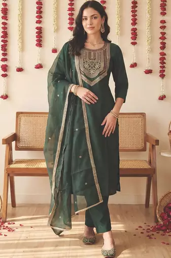 Women Ethnic Motifs Embroidered Regular Thread Work Liva Kurta with Trousers & With Dupatta