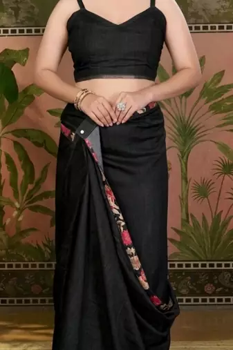 Black linen printed saree with blouse
