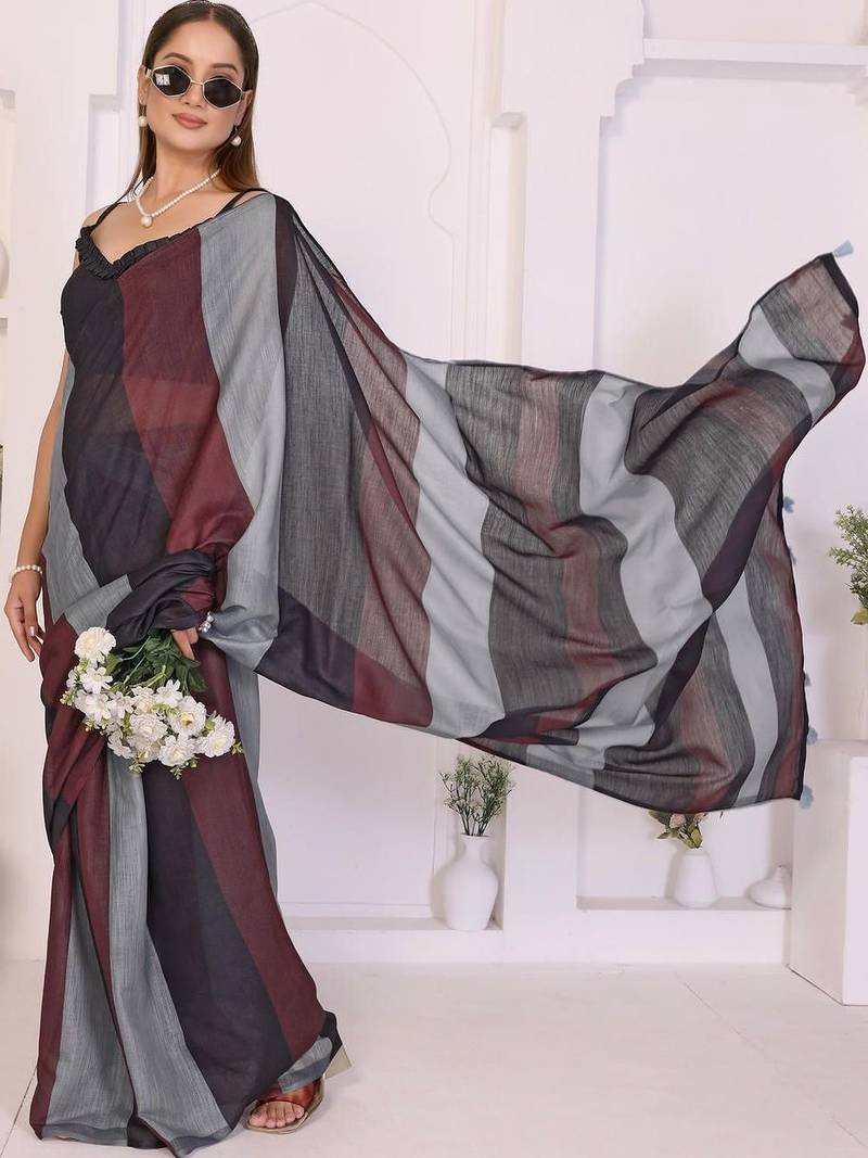 Multicolor linen striped saree with blouse