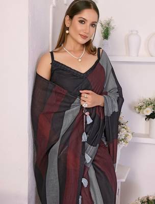 Multicolor linen striped saree with blouse 3