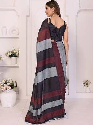 Multicolor linen striped saree with blouse 5