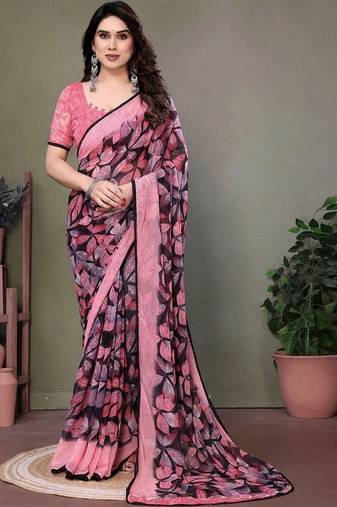 Pink chiffon printed saree with blouse