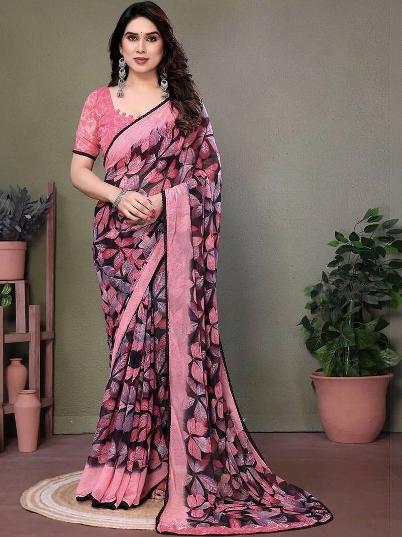 Pink chiffon printed saree with blouse