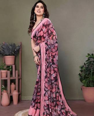 Pink chiffon printed saree with blouse 2
