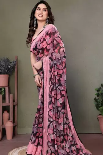 Pink chiffon printed saree with blouse