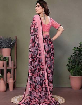 Pink chiffon printed saree with blouse 3