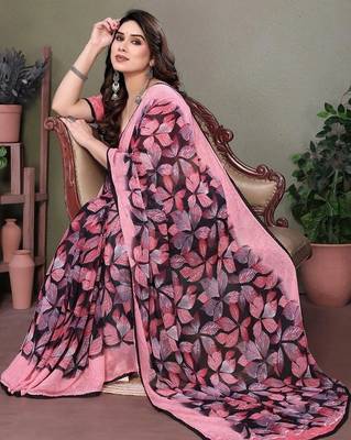 Pink chiffon printed saree with blouse 4