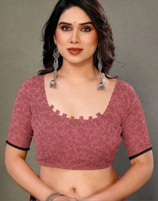 Pink chiffon printed saree with blouse 5