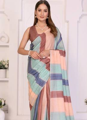 Multicolor linen striped saree with blouse 1