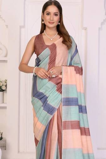 Multicolor linen striped saree with blouse