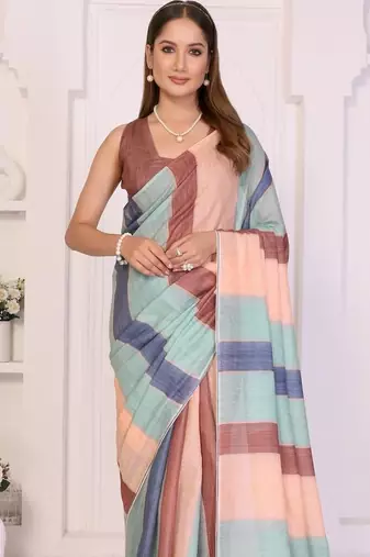 Multicolor linen striped saree with blouse