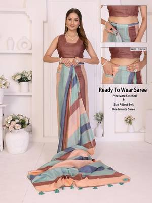 Multicolor linen striped saree with blouse 2