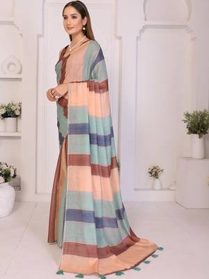 Multicolor linen striped saree with blouse 3