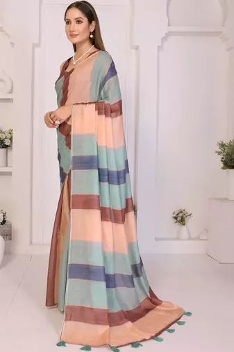 Multicolor linen striped saree with blouse
